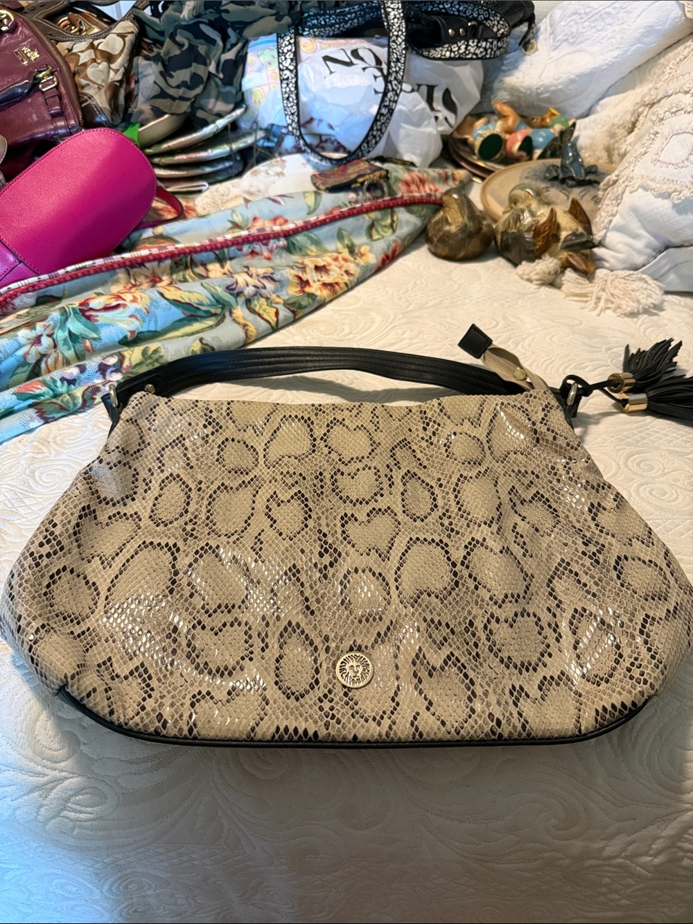 Anne Klein Beige Snake-Print Shoulder Bag with Black Trim